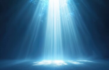 Fototapeta premium Bright blue light rays beam down into dark blue space. Glowing energy burst with light flares, star effects creates divine atmosphere. Clean cosmic illustration for backgrounds, sci-fi themes party