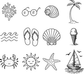 Hand-Drawn Summer Beach Icon Collection. Containing Coral, Sunglasses, Seashell, and More Doodle Icons.