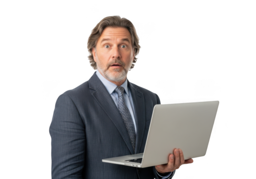 Shocked businessman holding laptop computer looking surprised and amazed, wearing a suit and tie, isolated on transparent background