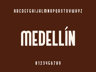 Medellín Typography Design with White Uppercase Letters, Alphabet, and Numbers 0-9 on Solid Dark Brown Background, Modern Educational Text Graphic.