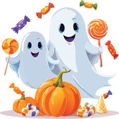 Cute cartoon ghosts floating with pumpkins and candy