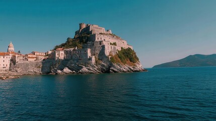 A coastal fortress, perched atop a rocky outcrop, overlooks a tranquil body of water.