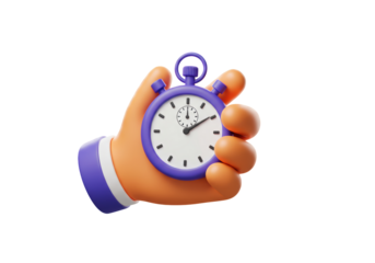 Isolated 3D Rendered Hand Holding Purple Stopwatch, Representing Time Management, Urgency, and Deadline Concepts with a Cartoonish Style and Smooth Surfaces