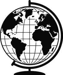Black and white globe with continents and meridians