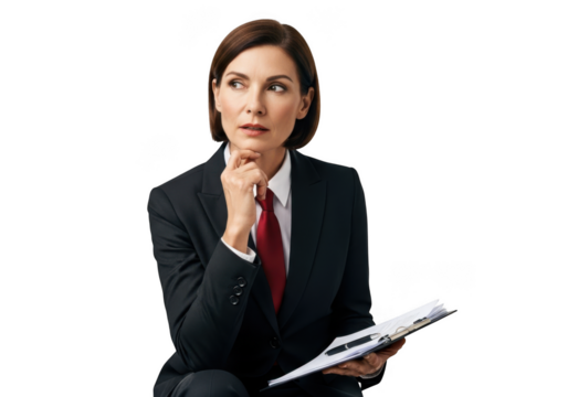 Thoughtful businesswoman in suit holding documents looking away png image for professional use, isolated on transparent background