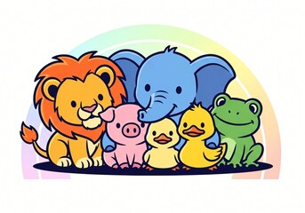 Fototapeta premium Adorable Cartoon Animals Lion Elephant Pig Ducks Frog Rainbow Background Illustration