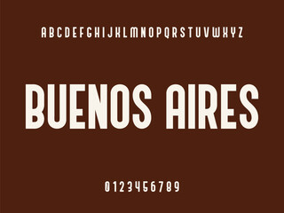Buenos Aires Typography Design with White Uppercase Letters, Alphabet, and Numbers 0-9 on Solid Dark Brown Background, Modern Educational Text Graphic.