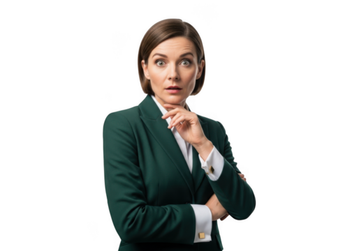 Surprised businesswoman with hand on chin, shocked expression, green suit, png image, professional woman, isolated on transparent background