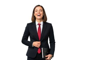 Smiling businesswoman in suit with red tie holding notebook stock photo, professional portrait, isolated on transparent background