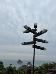 Directional Signpost Overlooking Calm Sea