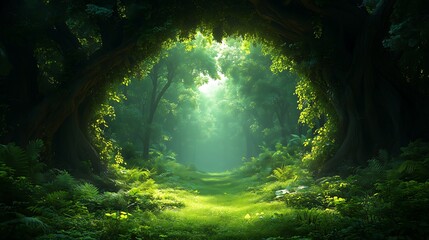 Lush Green Forest: Path to Distant Bright Glade, Tree Trunks Form Arch, Sunlight Through Trees