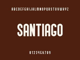 Santiago wordmark with English alphabet and numbers on a solid brown background, modern typography text design.