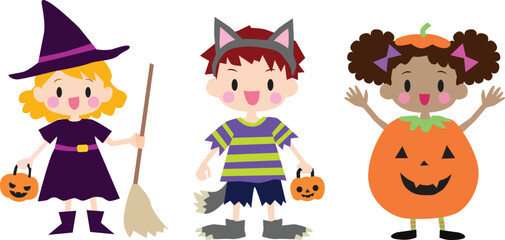 Illustration of cute kids with Halloween costumes. Vector Illustration.