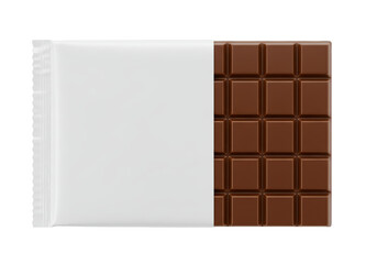 Isolated Unwrapped Milk Chocolate Bar with Shiny Chocolate Squares in Foil Wrapper on White Background