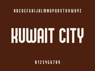 Kuwait City wordmark with English alphabet and numbers on a solid brown background, modern typography text design.