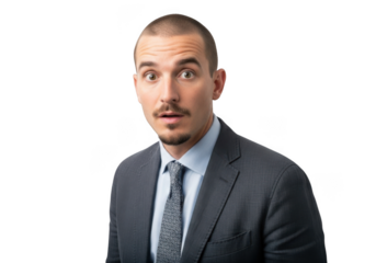Surprised businessman portrait with open mouth, shocked expression, wearing suit, isolated image for design needs, isolated on transparent background