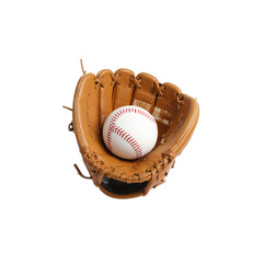 Baseball bat set with brown glove and baseball on white background