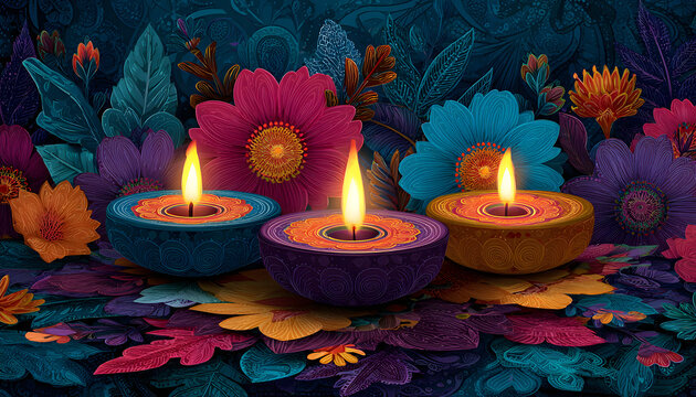 Traditional Indian festival Diwali. Happy Festival o lights Deepavali Templatebanner, poster, greeting crd Festive Burning diya grphic design background Vecor abstract flat illustraton