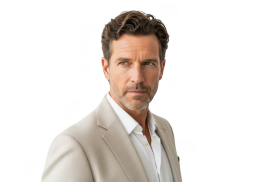 Handsome middle aged man in suit looking away portrait stock photo image png for design assets and mockups isolated on transparent background - Powered by Adobe