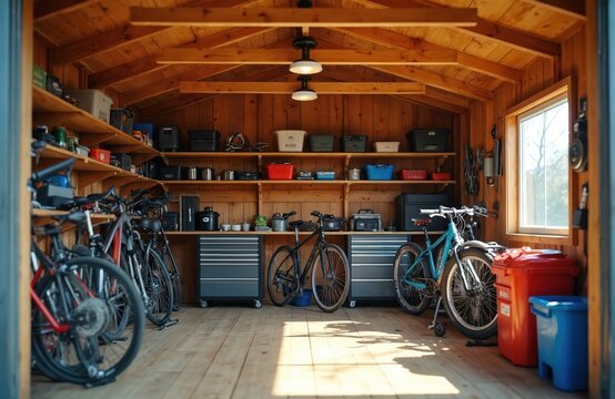 Well-organized wooden shed interior with bicycles, tools, storage containers neatly arranged on shelves, tool chests. Sunlight streams through window, illuminating clean, functional workshop space.