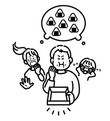 家族の分の食事を食い尽くす夫のイラスト　線画のみ