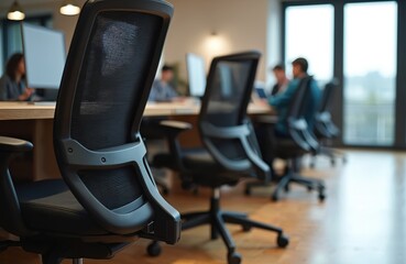 Row of empty modern black ergonomic office chairs with mesh backs on a wooden floor. These comfortable, adjustable seating units provide lumbar support for healthy posture in contemporary workplaces.