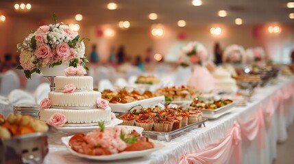 An elegant wedding buffet table, softly lit with a focus on the food arrangement.
