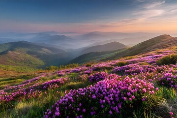 Fototapeta premium Vibrant purple flowers bloom on a mountain slope during sunrise.