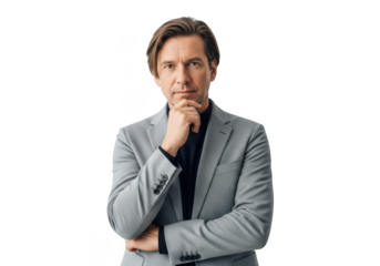 Pensive businessman in gray suit portrait with hand on chin stock photo image isolated on transparent background