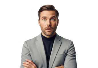 Surprised businessman with arms crossed wearing a gray suit and turtleneck portrait isolated on transparent background