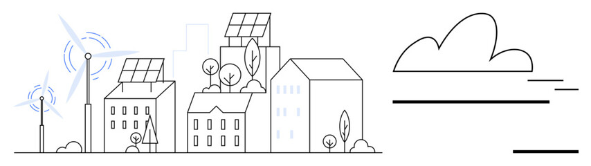 Obraz premium Buildings with solar panels, wind turbines, and trees representing sustainable city design, renewable energy, eco-friendly life, urban planning, green technology, environmental awareness, simple flat