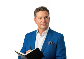 Professional businessman writing in notebook, corporate man taking notes, executive in blue suit, isolated on transparent background