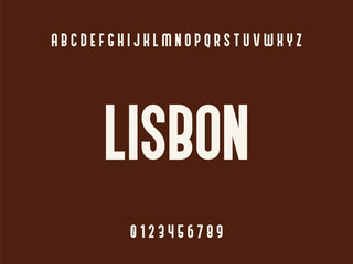 Lisbon wordmark with English alphabet and numbers on a solid brown background, modern typography text design.