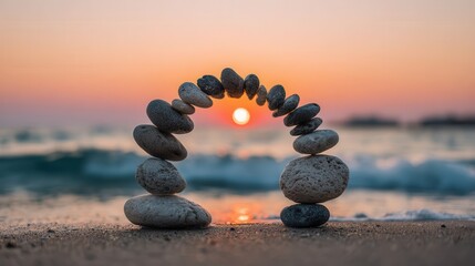 A balanced arch of stones stands on the beach at sunset, creating a serene and peaceful scene.