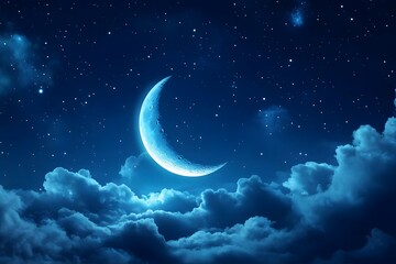 Moonlit night, stars twinkle, clouds drift, serene glow.