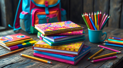School books on a desk, education concept. Books on a desk in vibrant colors, close up