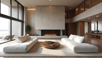 Spacious minimalist luxury living room featuring floor-to-ceiling stone fireplace, white linen sectional sofa, wood, glass coffee table. Modern interior design with opulent atmosphere, creating