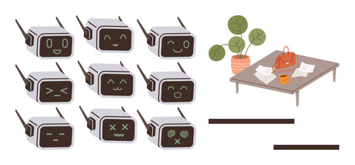 Robots with varied face screens depicting emotions, a table with documents, handbag, coffee cup, and plant. Ideal for technology, emotions, AI decor communication robotics innovation. Simple flat