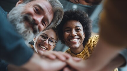Happy diverse coworkers stack hands together in a huddle to demonstrate unity, teamwork, and collaboration.