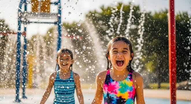 Excited girl shouting with joy at a splash pad