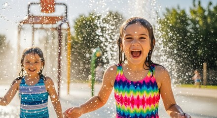 Excited girl shouting with joy at a splash pad