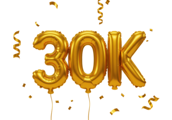 Isolated Celebration with Gold 30K Balloons and Confetti against a White Backdrop