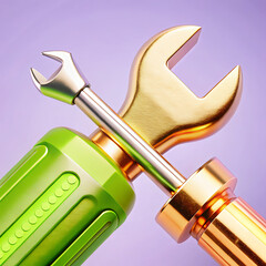 Set of tools with wrench and screwdriver on white background
