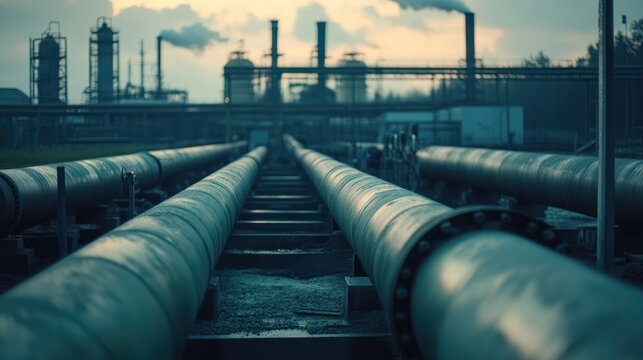 Large metal pipes extend towards a distant industrial complex with smokestacks emitting pollution.