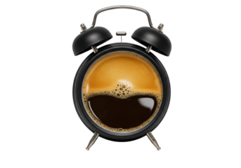 Isolated Conceptual Alarm Clock Filled with Fresh Coffee, Combining Time and Beverage for a Wake-Up Reminder, Creative and Surreal Timekeeping Illustration