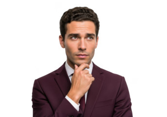 Thoughtful businessman in burgundy suit looking upward portrait png image for design projects and marketing materials isolated on transparent background
