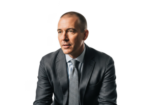 Professional businessman corporate headshot portrait in suit and tie for business profile, isolated on transparent background