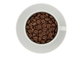 Isolated Top-Down View of a White Coffee Cup and Saucer Filled with Roasted Coffee Beans on a White Background