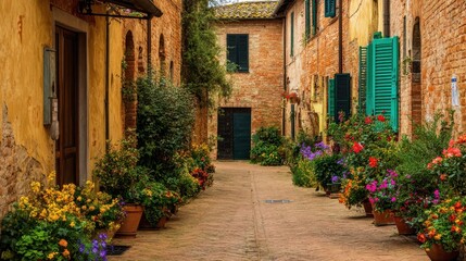 A charming, sun-drenched alleyway lined with colorful flowers and aged brick buildings.  Vibrant blooms in terracotta pots cascade along the pathway, creating a picturesque and peaceful scene.