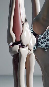 Medical animation showing uric acid crystals accumulating in the knee joint, causing inflammation, pain, and reduced mobility, typical of gout